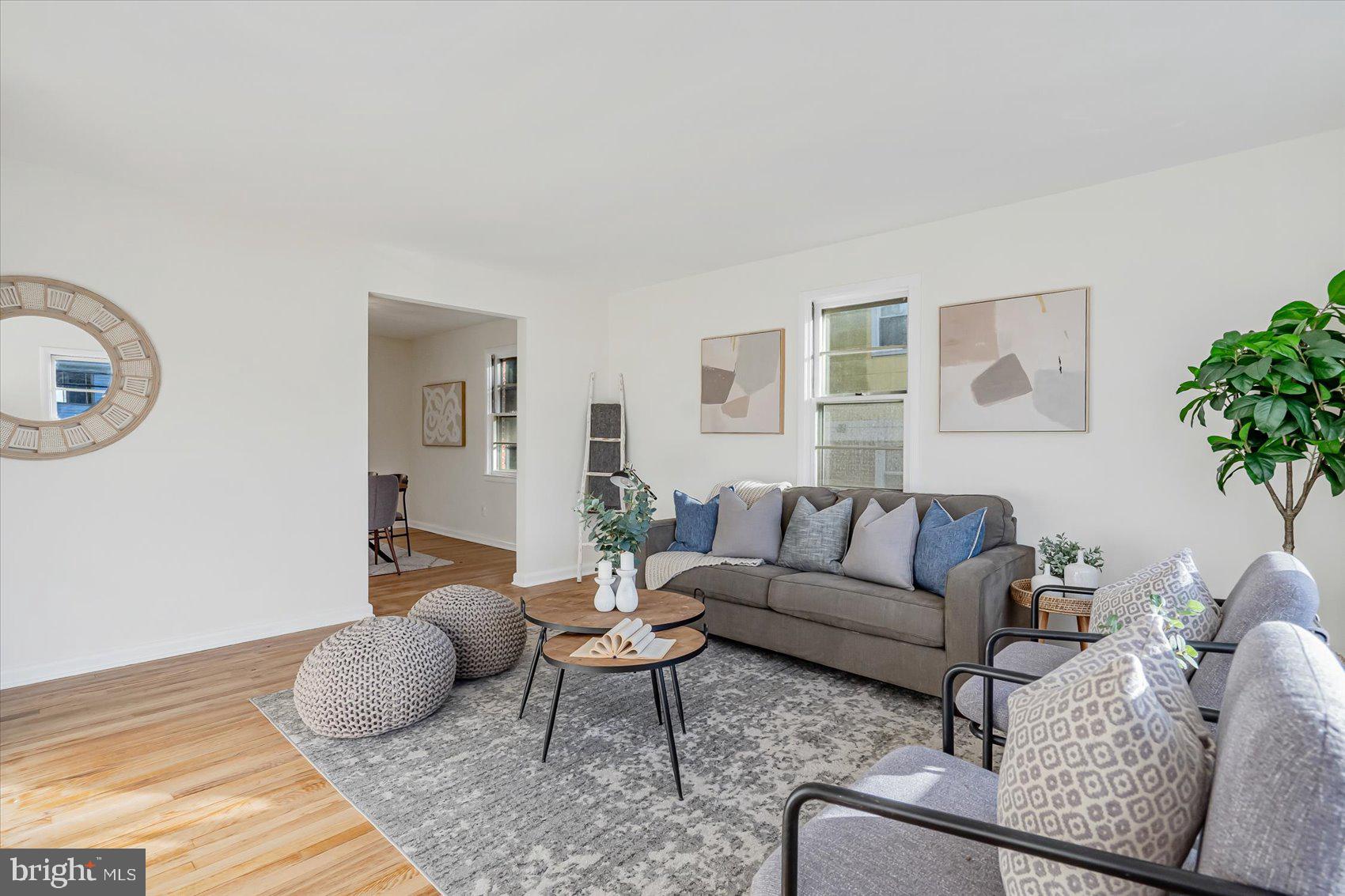 a living room with furniture and a potted plant