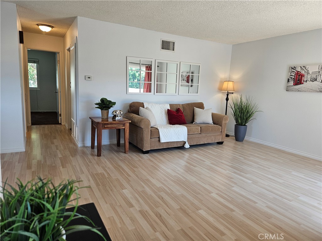 a living room with furniture and a potted plant