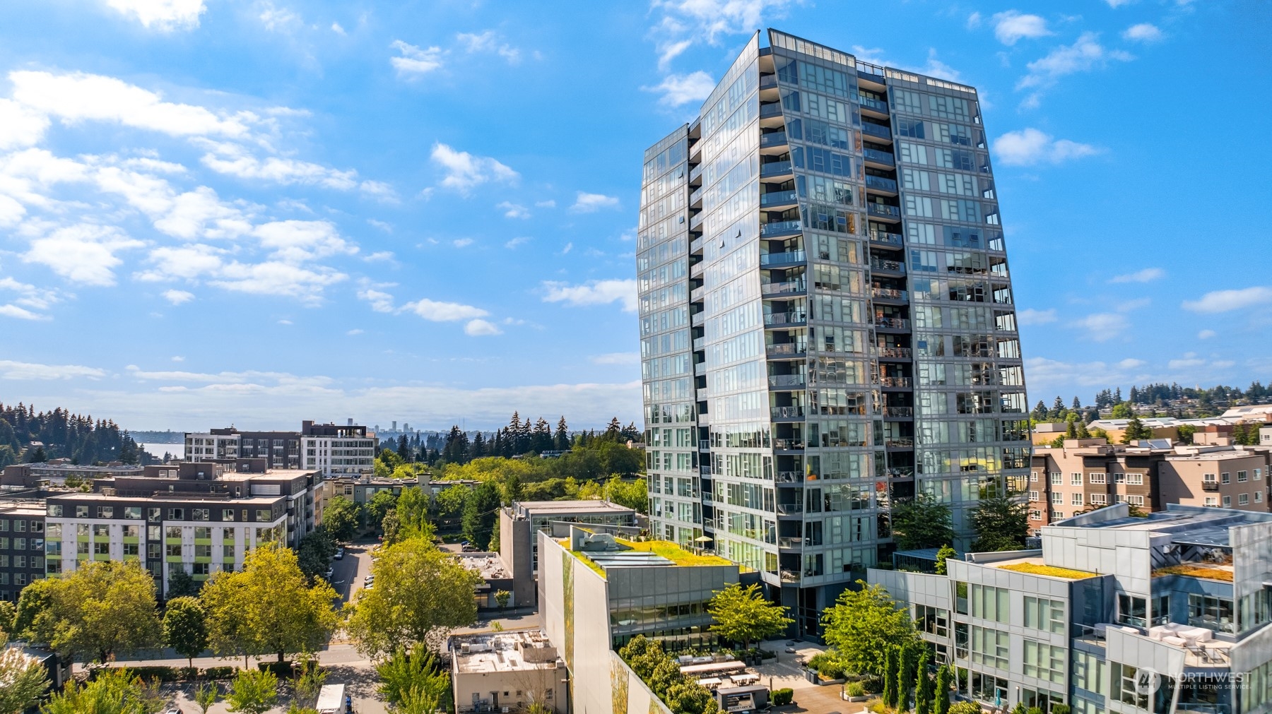 a city view with tall buildings