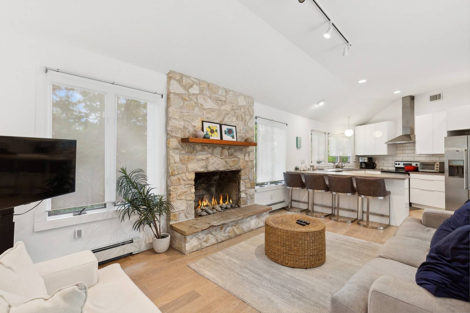 a living room with furniture and a fireplace