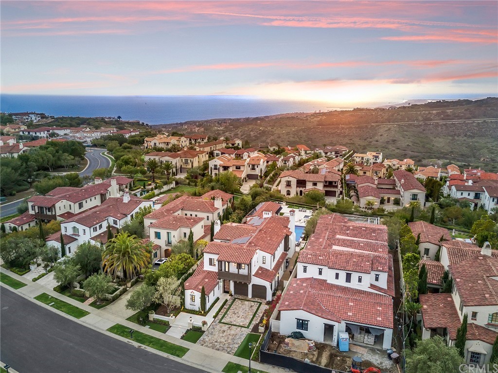 an aerial view of residential houses with city view