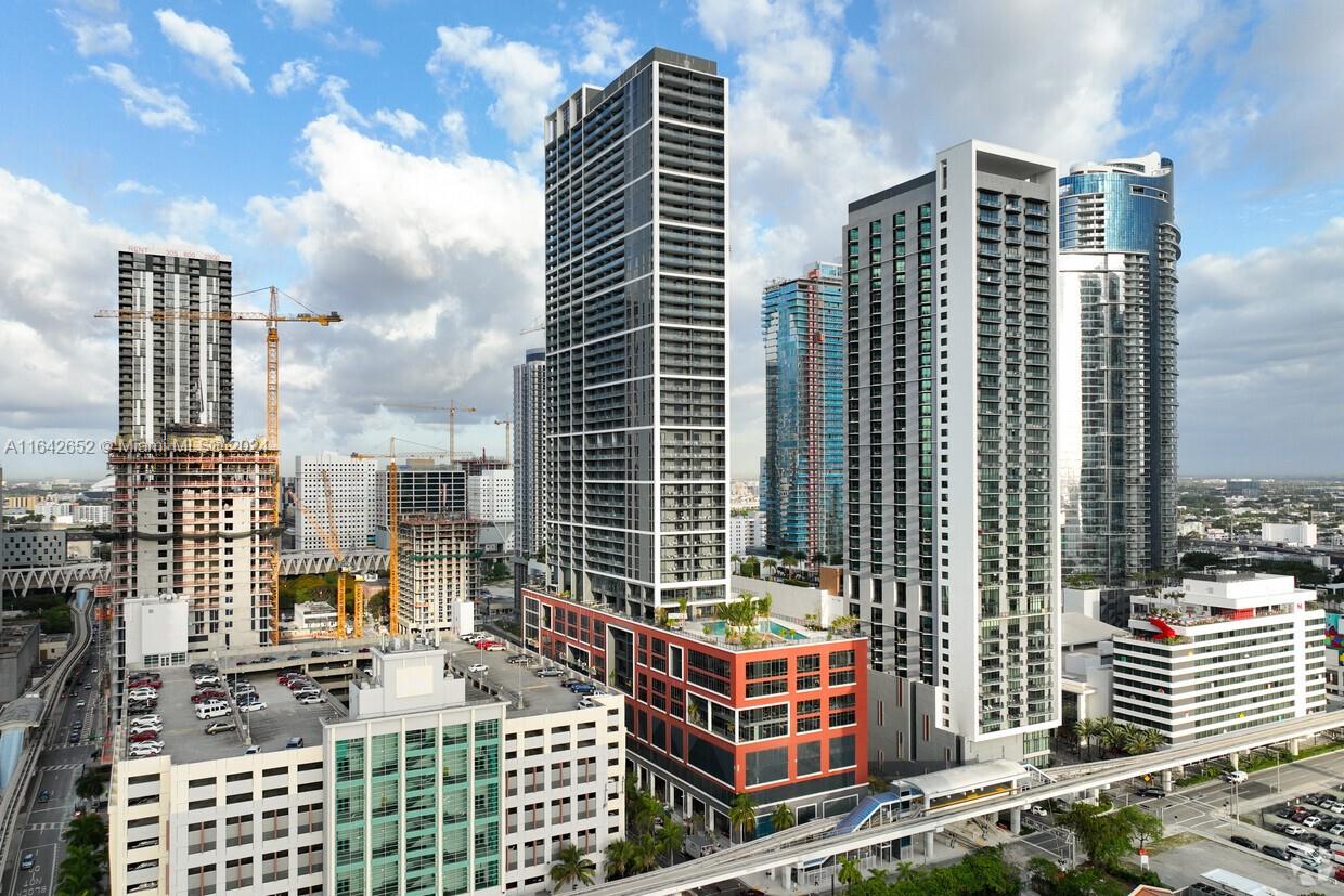 a city view with tall buildings