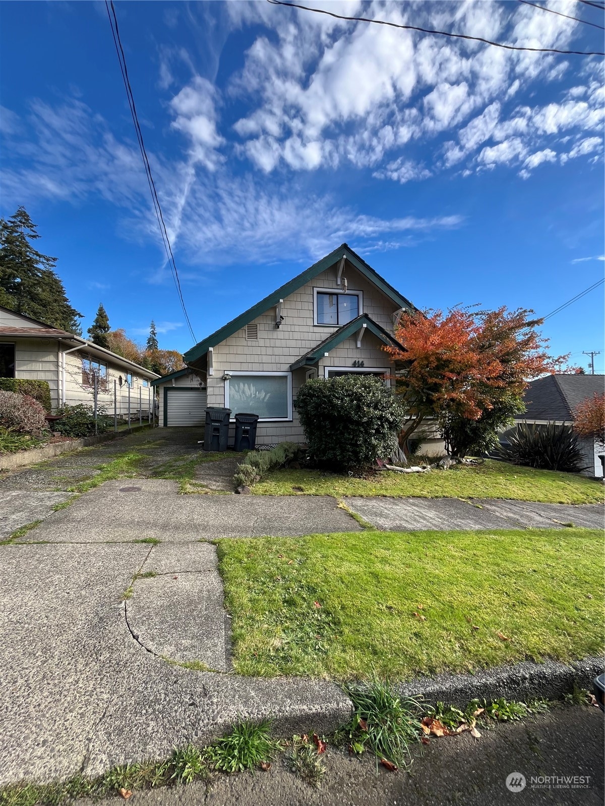 a front view of a house with a yard and a large tree