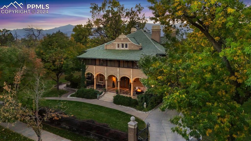 Aerial view showing Pikes Peak and the original green Italian roof tiles