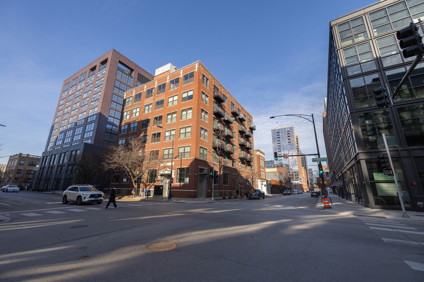 a view of a building and a street