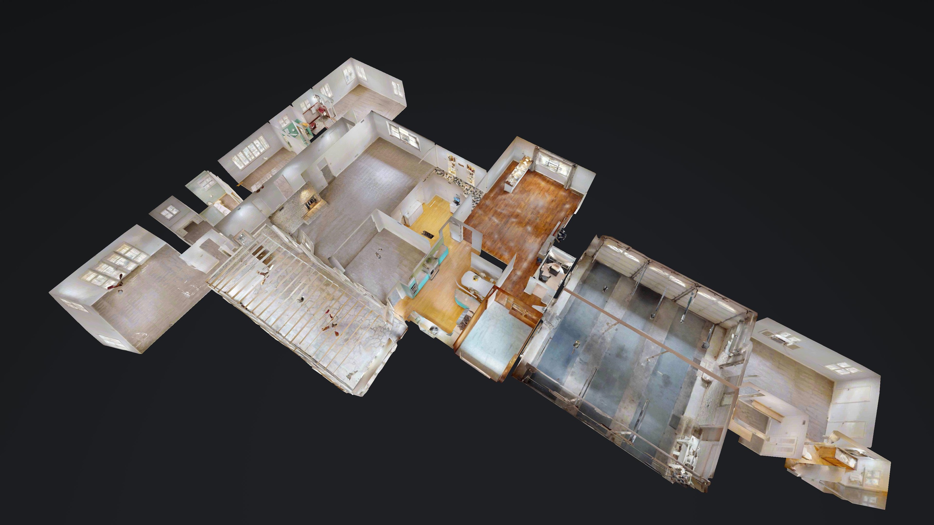 an aerial view of a house with a bed