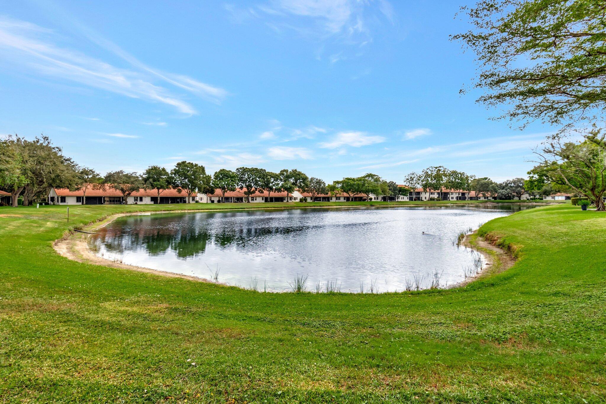 a view of a lake with houses in the background