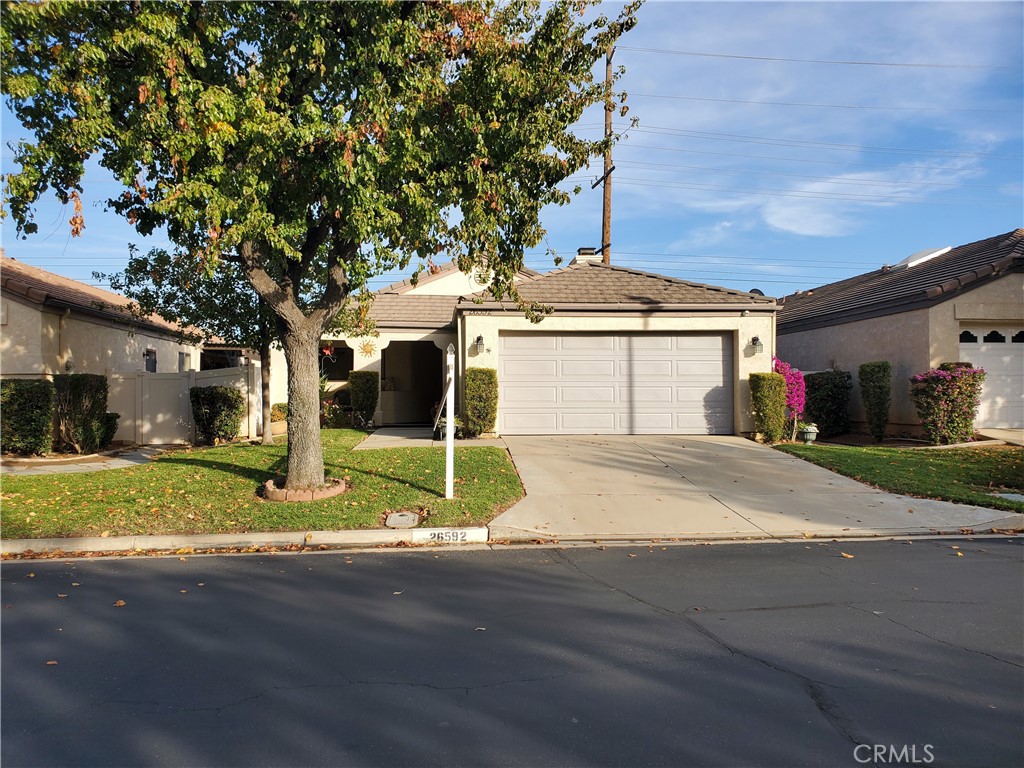 a view of a house with a yard and large tree