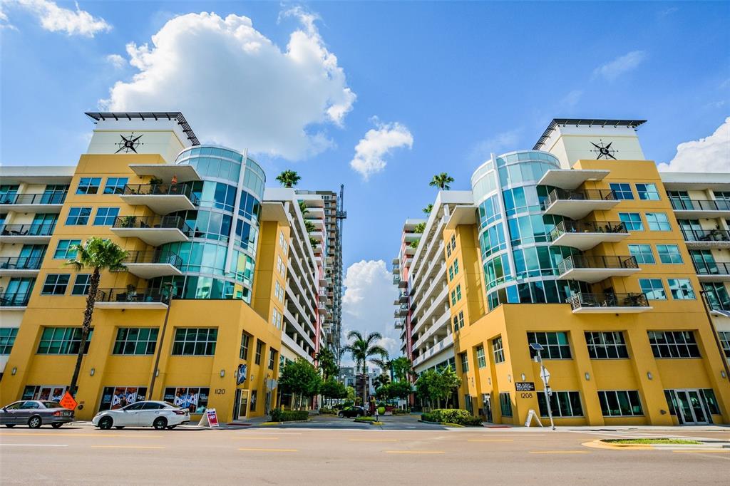 a view of a building and a street