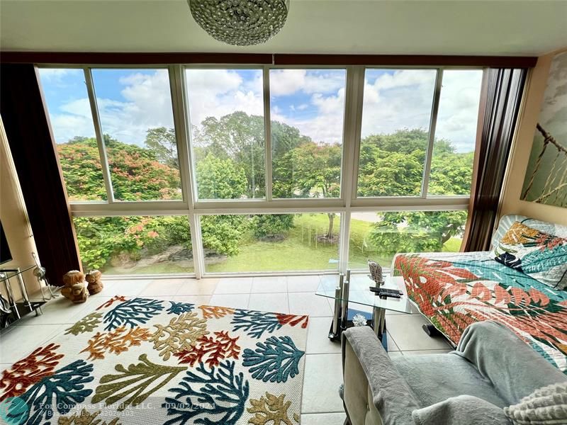 a living room with a large window