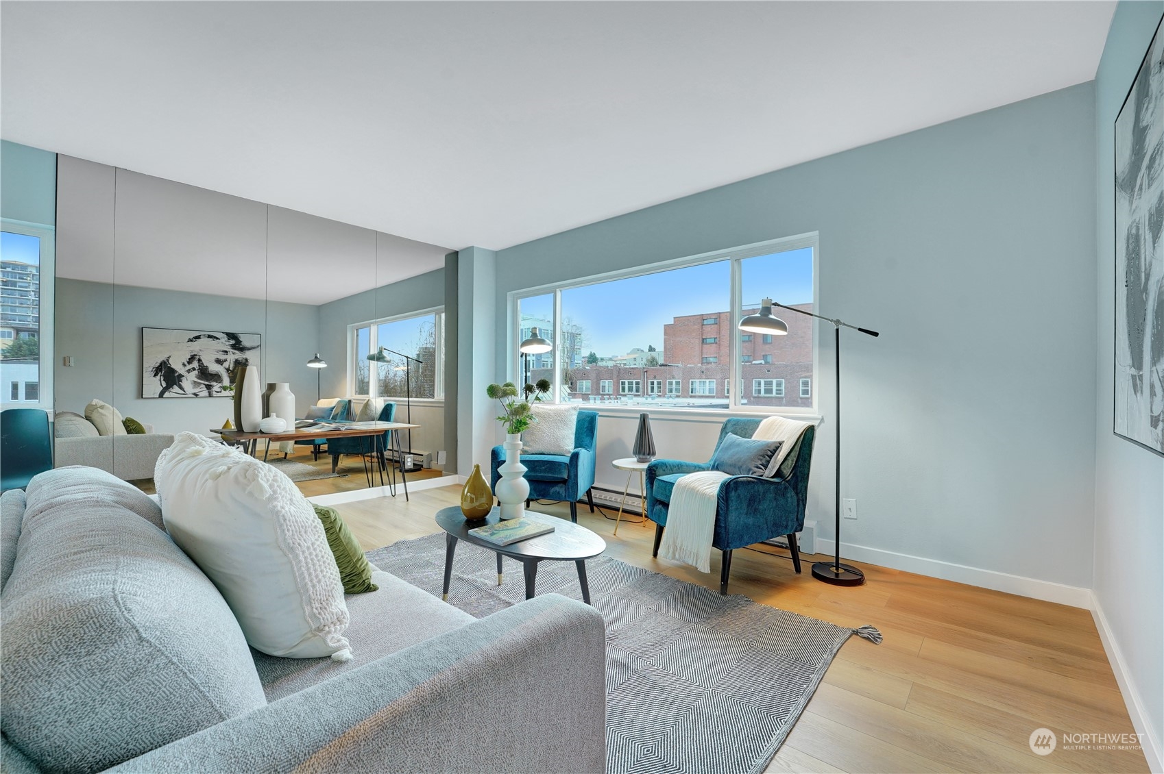 a living room with furniture and a table