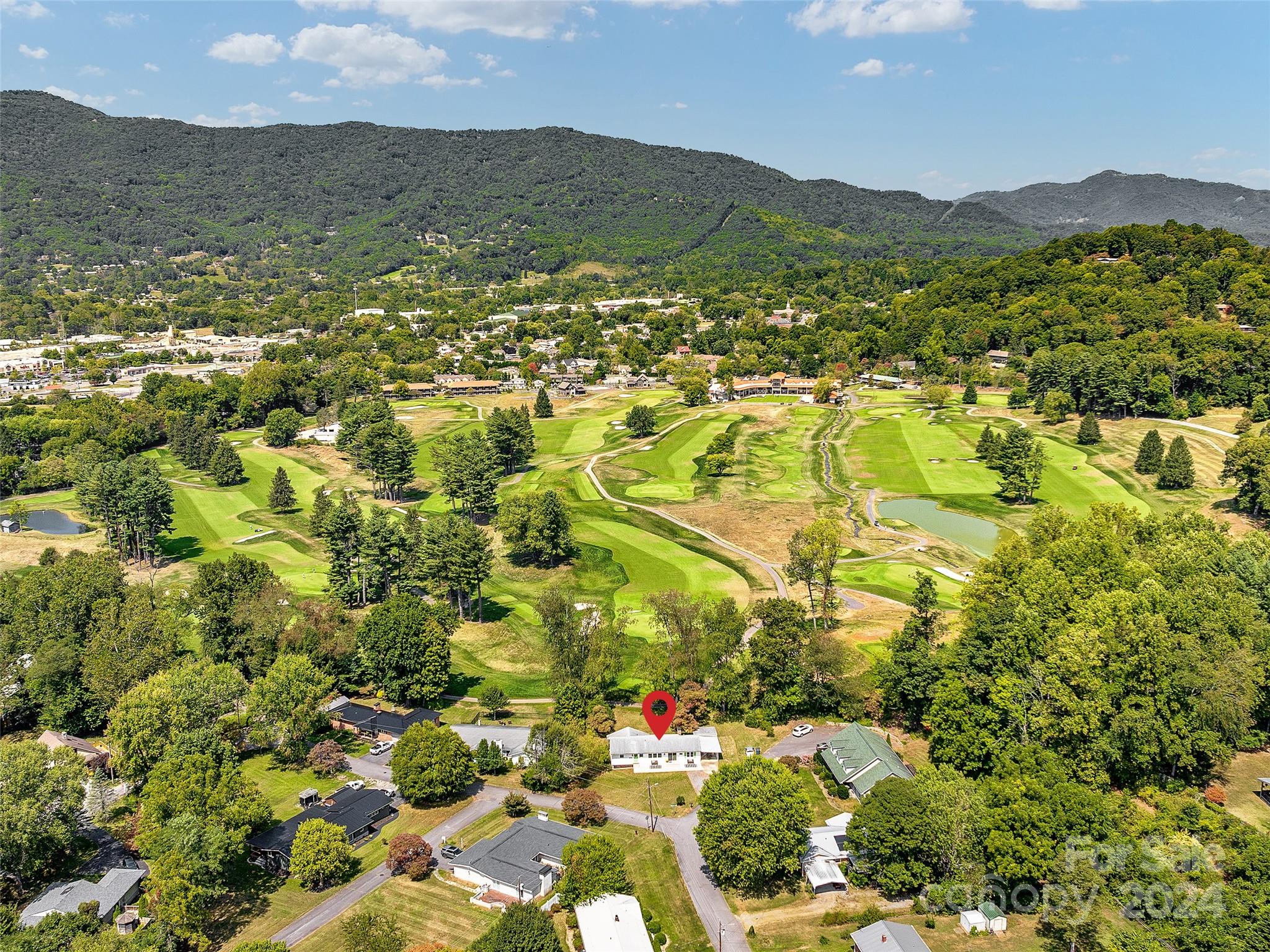 an aerial view of residential houses with outdoor space and trees