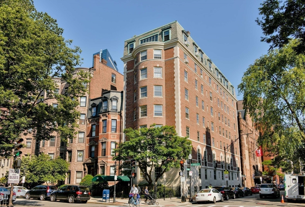 a front view of a building with street view