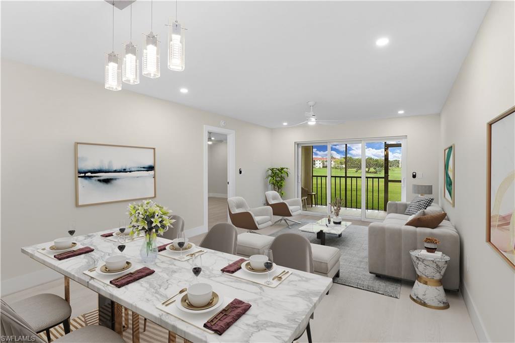 a view of a dining room with furniture window and outside view