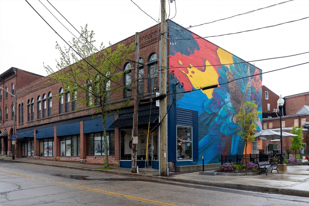 a view of a building with a street