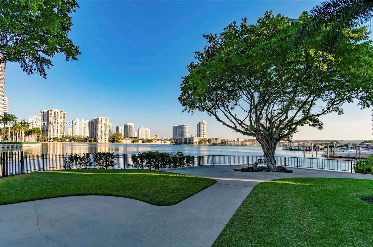 a view of a park with a tree in the background