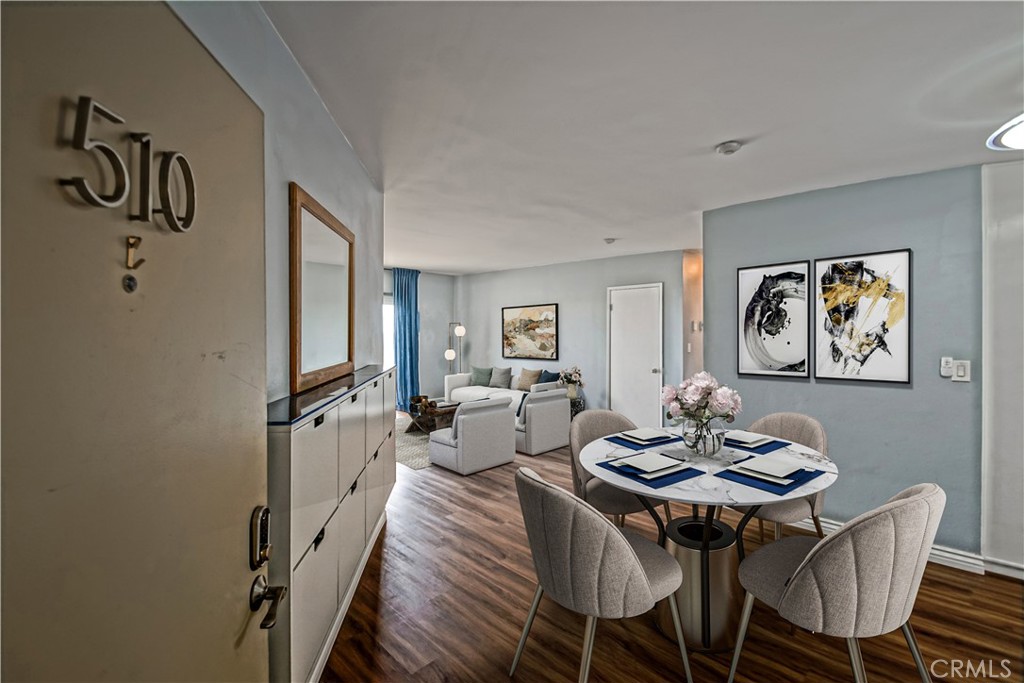 a view of a dining room with furniture