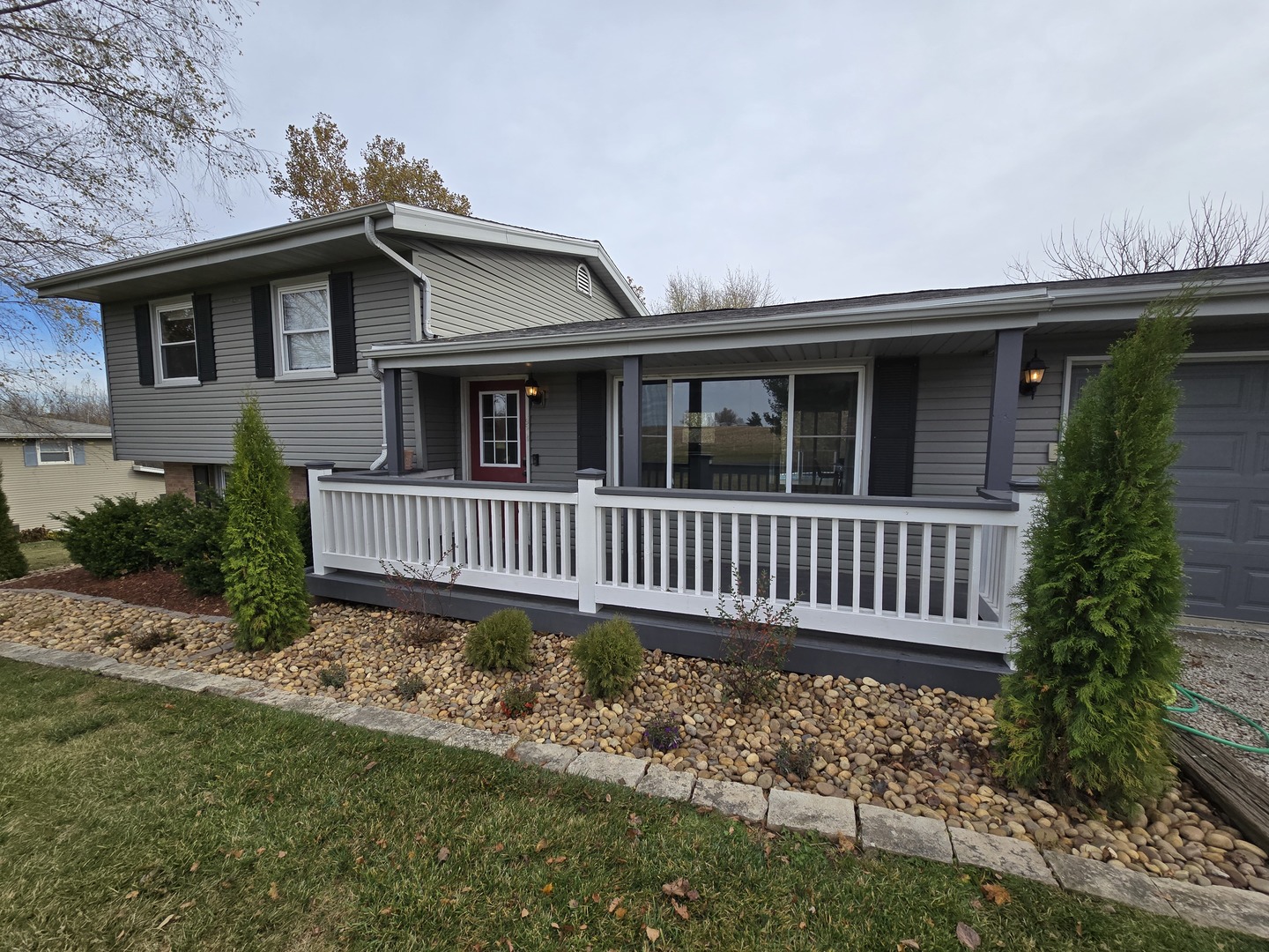 a porch with seating space