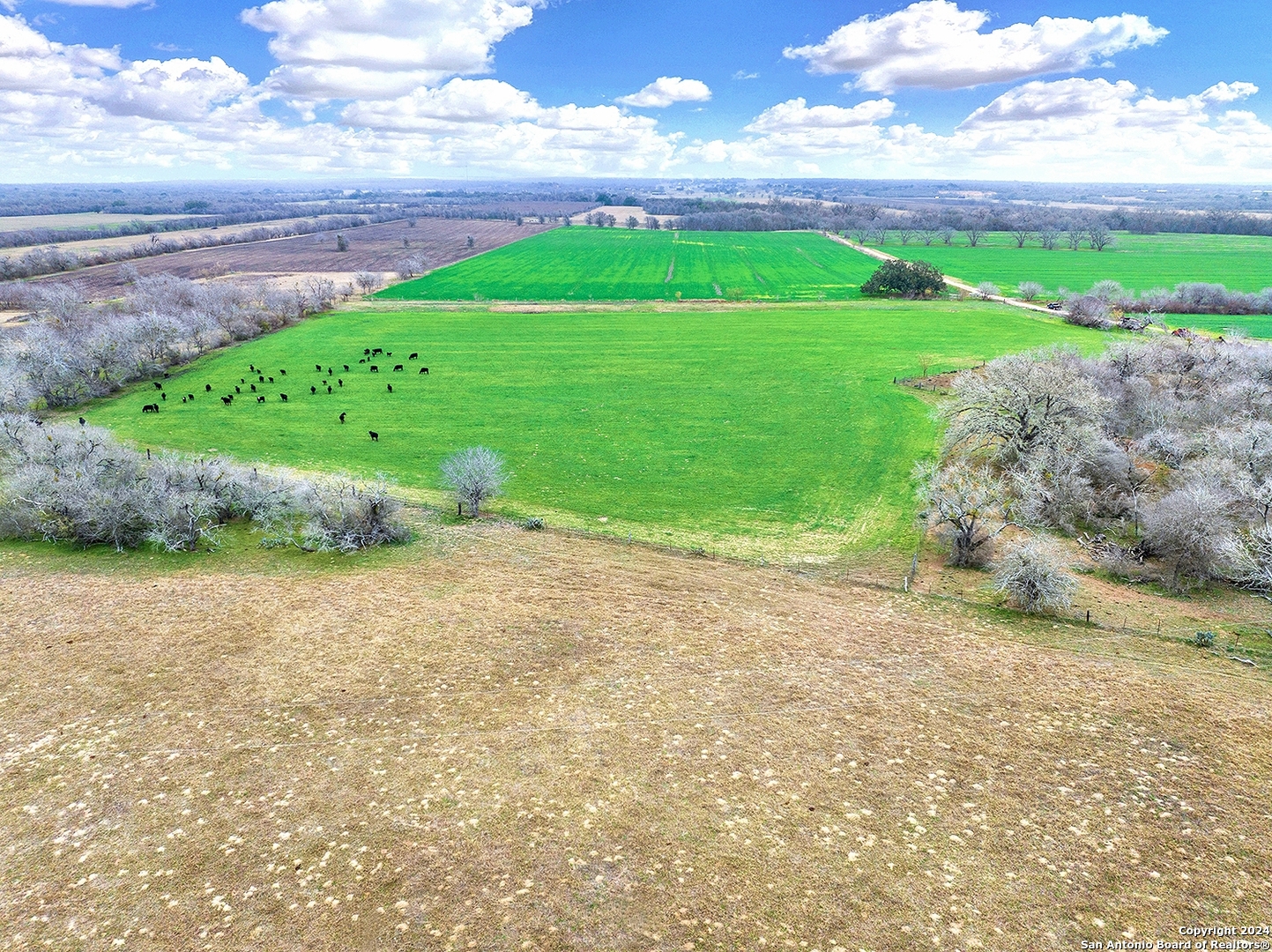 a view of a field with sitting area