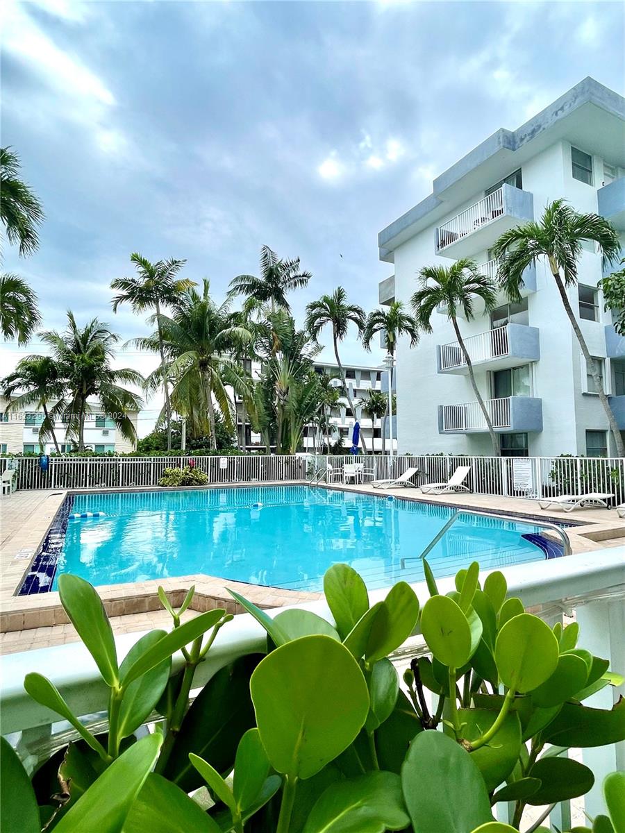 a view of a swimming pool with a yard and plants