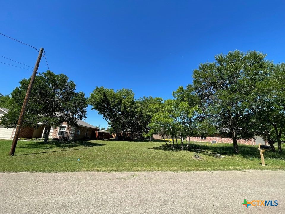 a view of street with houses and trees in the background