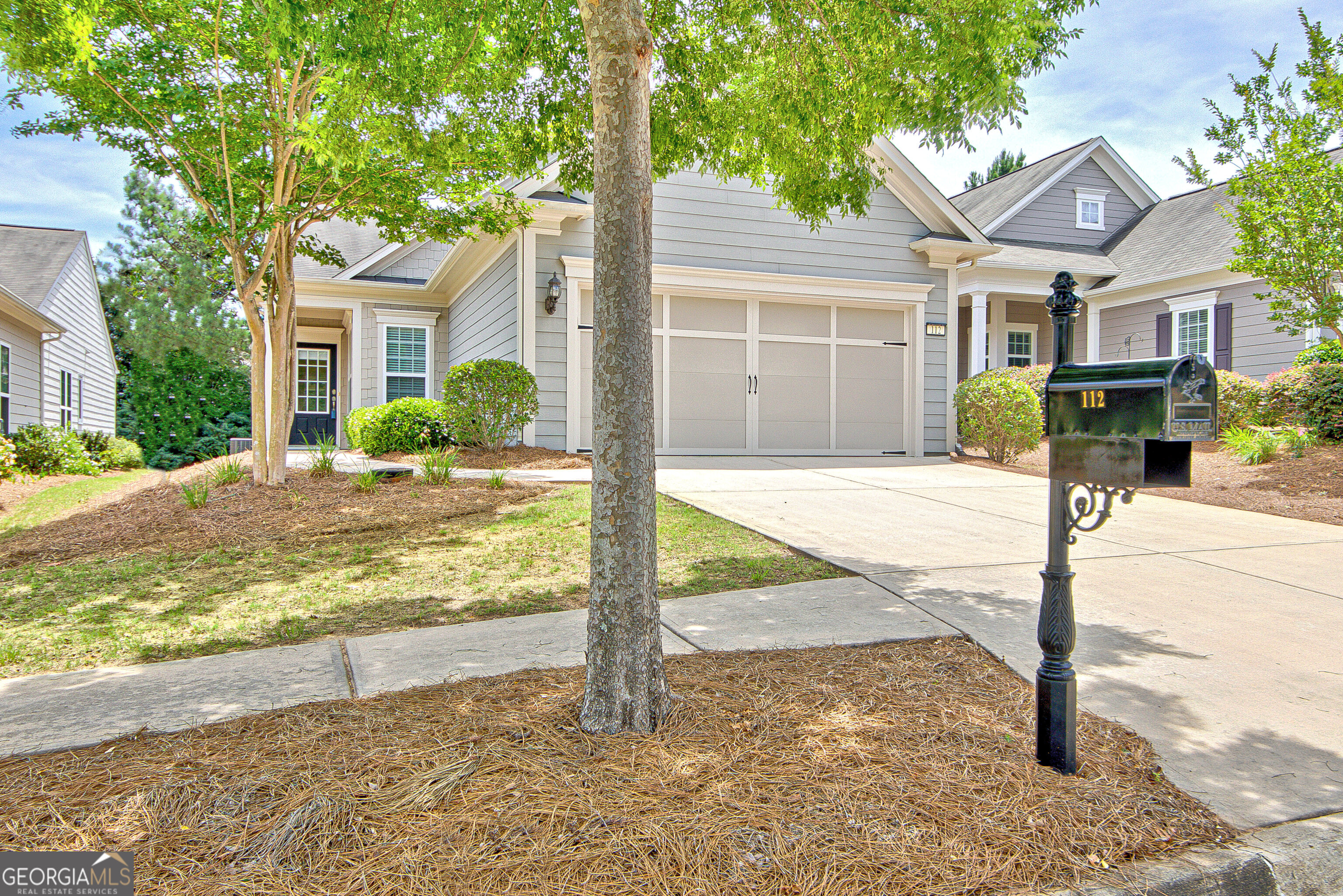 a view of a house with a yard and large tree