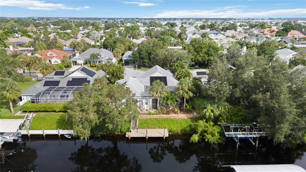 an aerial view of a house with a garden