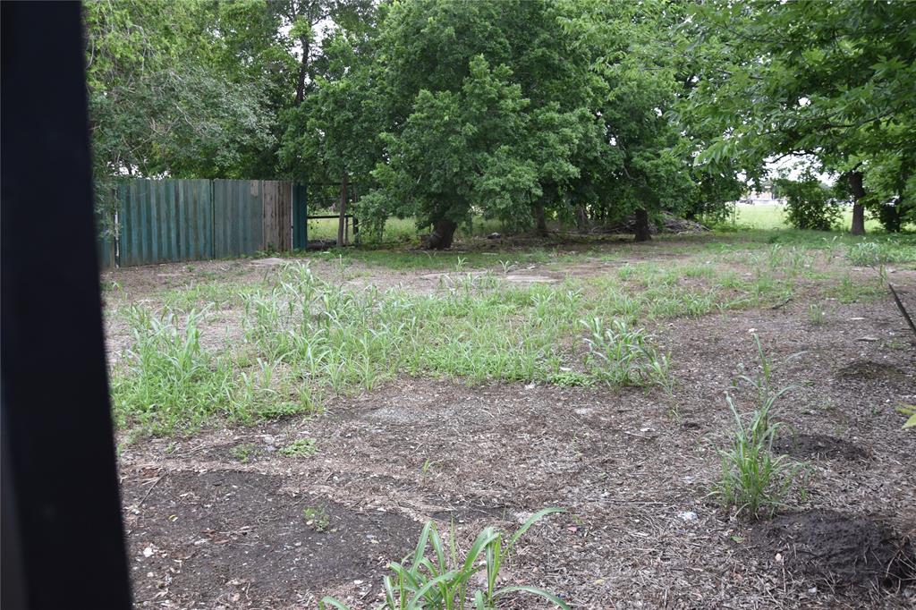 a view of a backyard with large trees and wooden fence