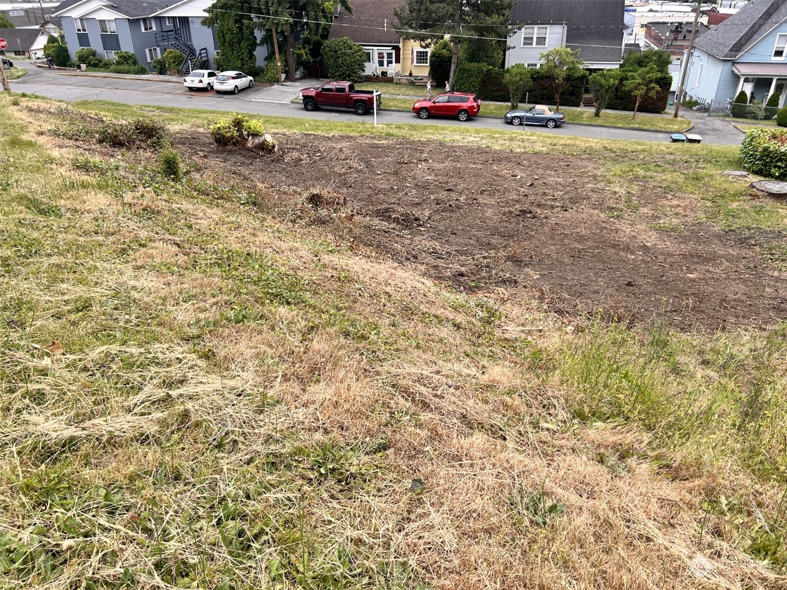 a view of yard with car parked