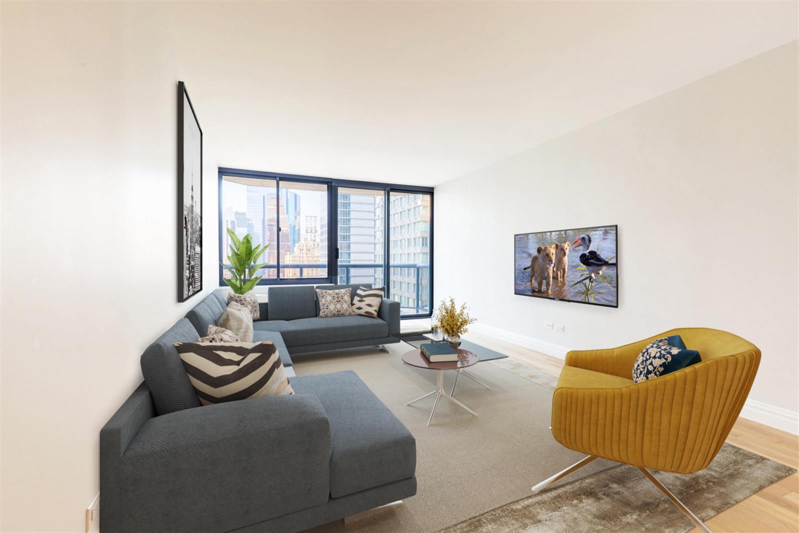 a living room with furniture and a large window