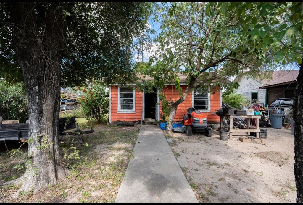 a view of a backyard with a large tree