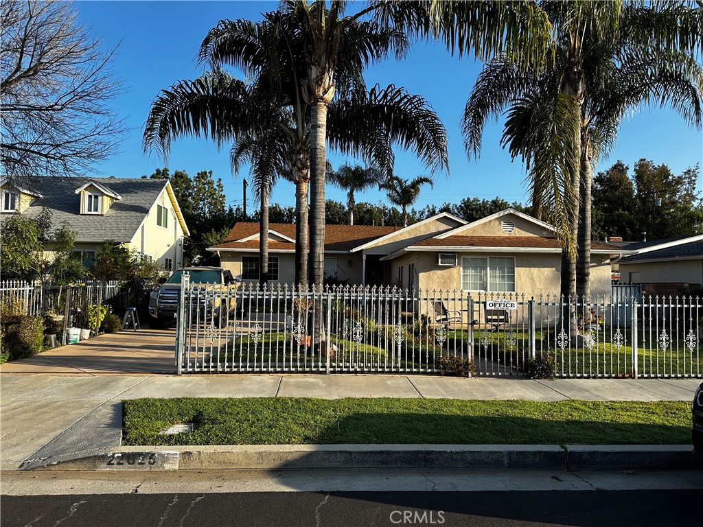 a view of a park with a palm trees