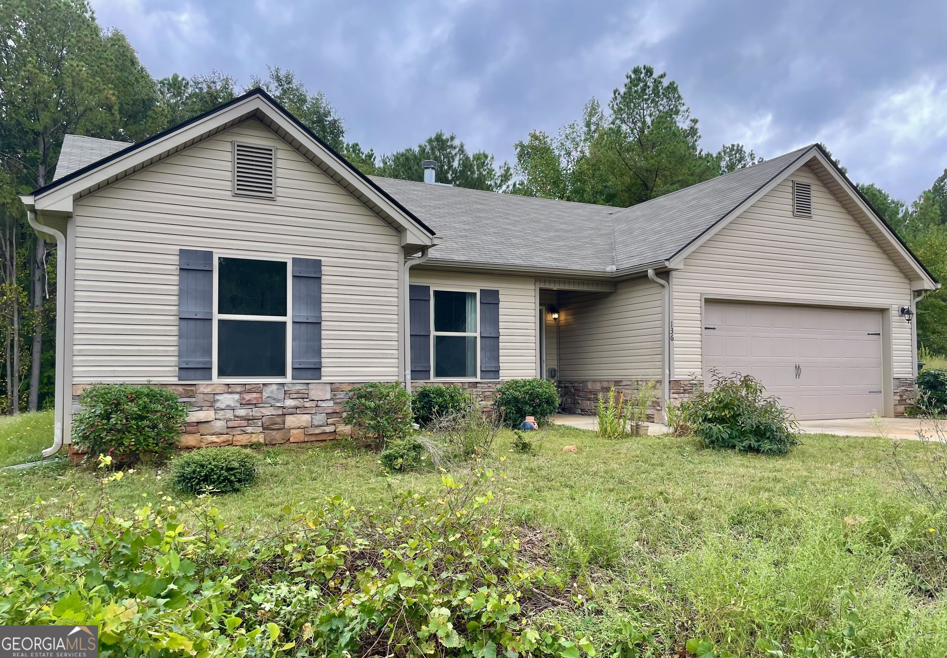 a front view of house with yard and green space