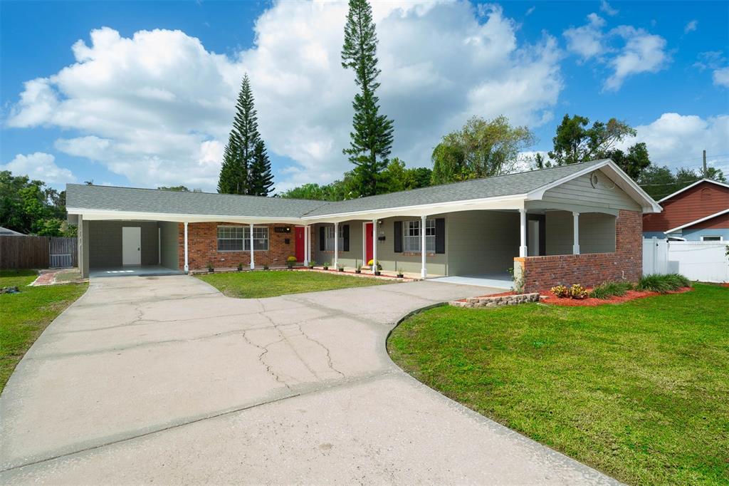 front view of a house with a patio