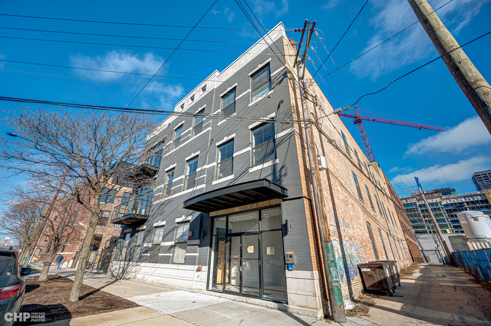 a view of a building with a street