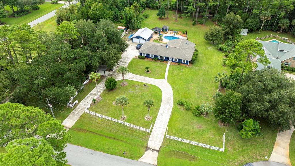 an aerial view of a swimming pool