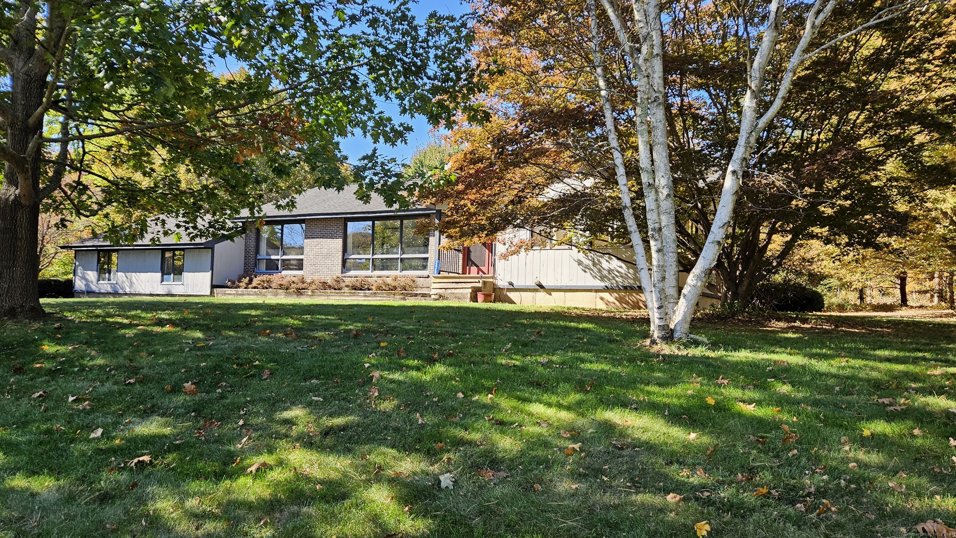 a front view of house with yard and green space