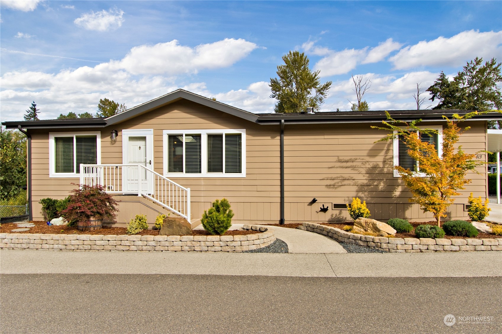 front view of a house with a patio