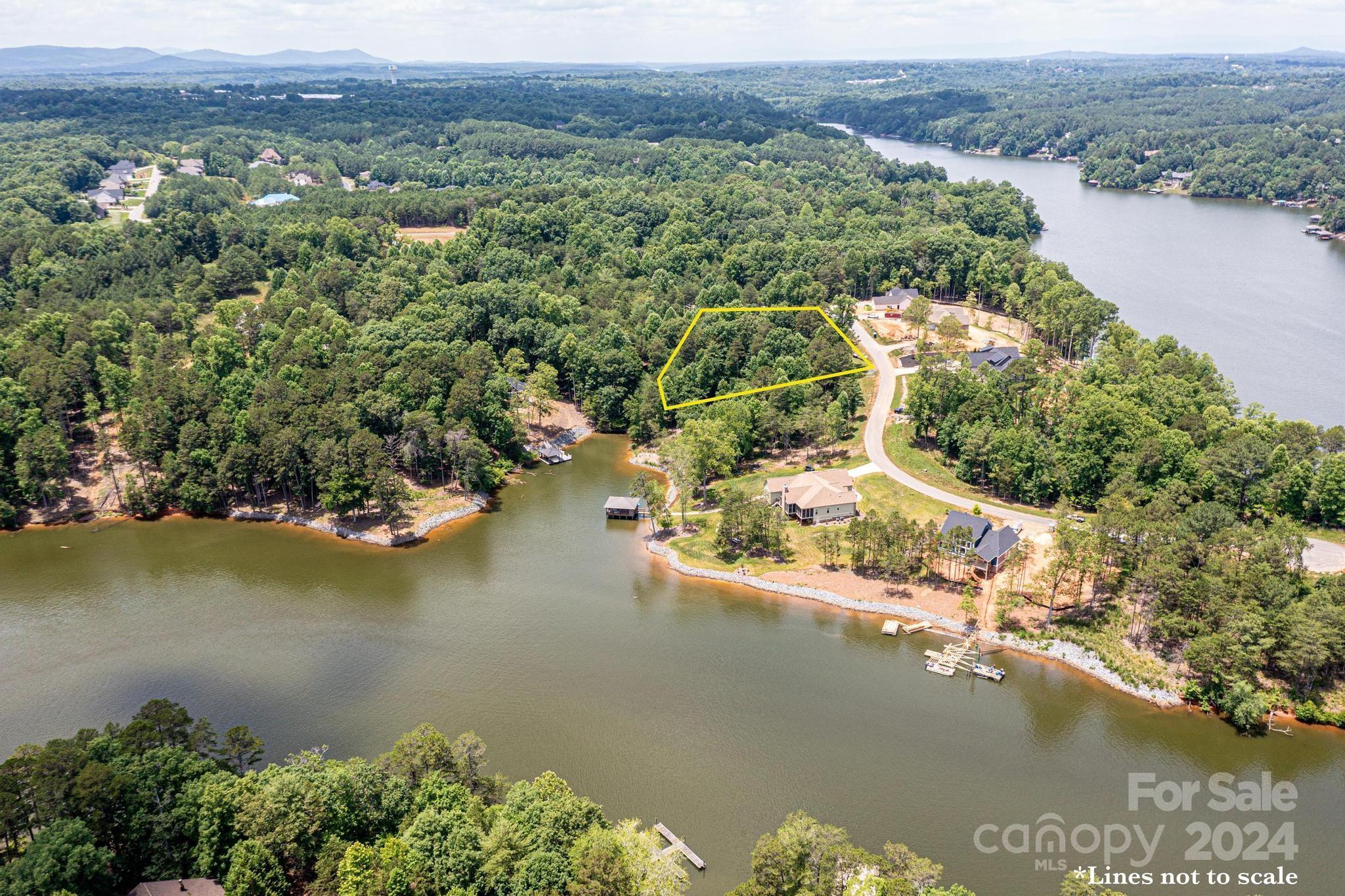 an aerial view of residential houses with outdoor space and river