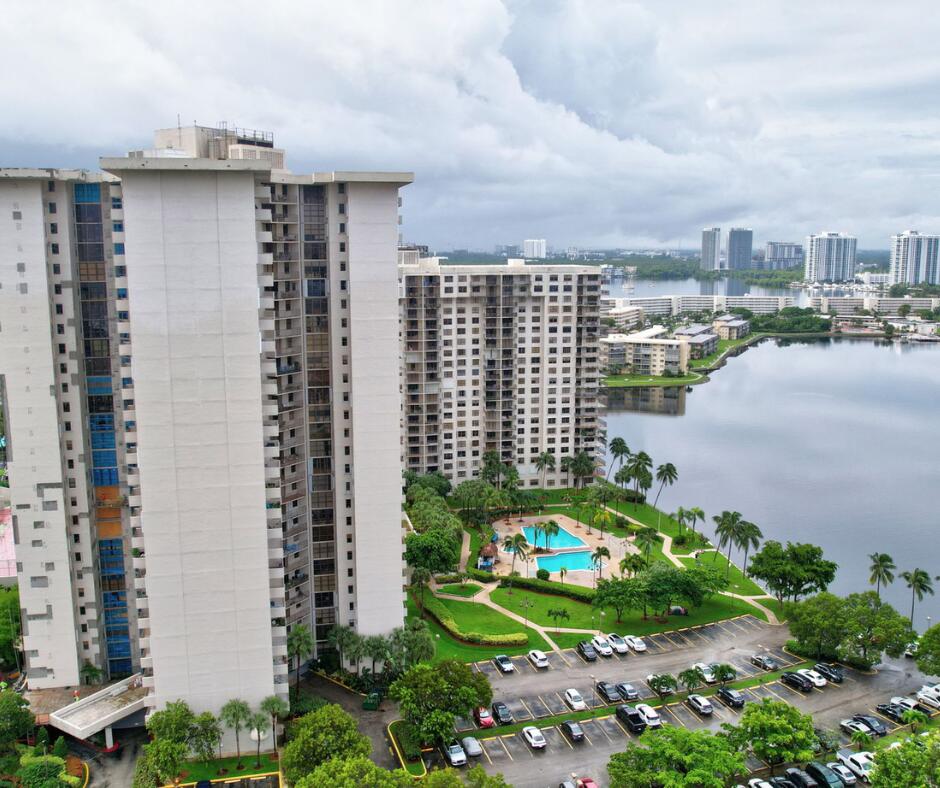 a city view with tall buildings