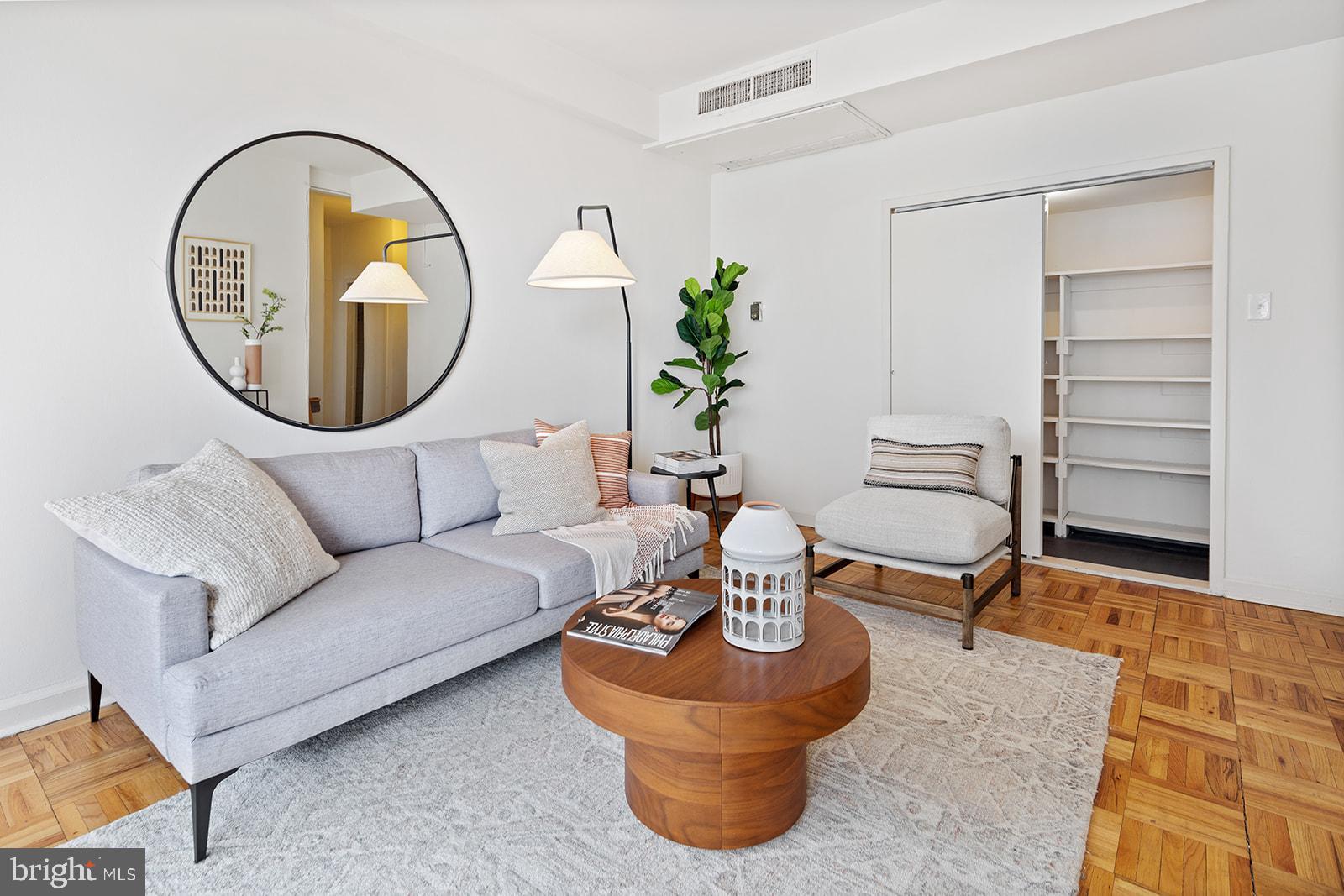 a living room with furniture a mirror and a potted plant