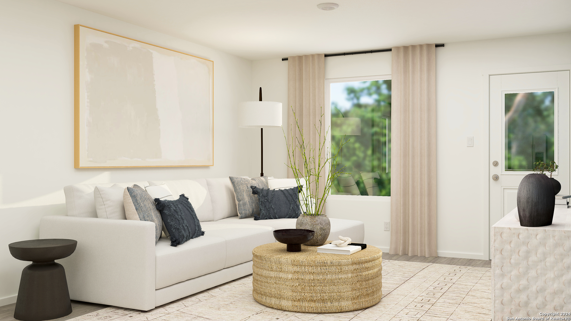 a living room with furniture and a large window