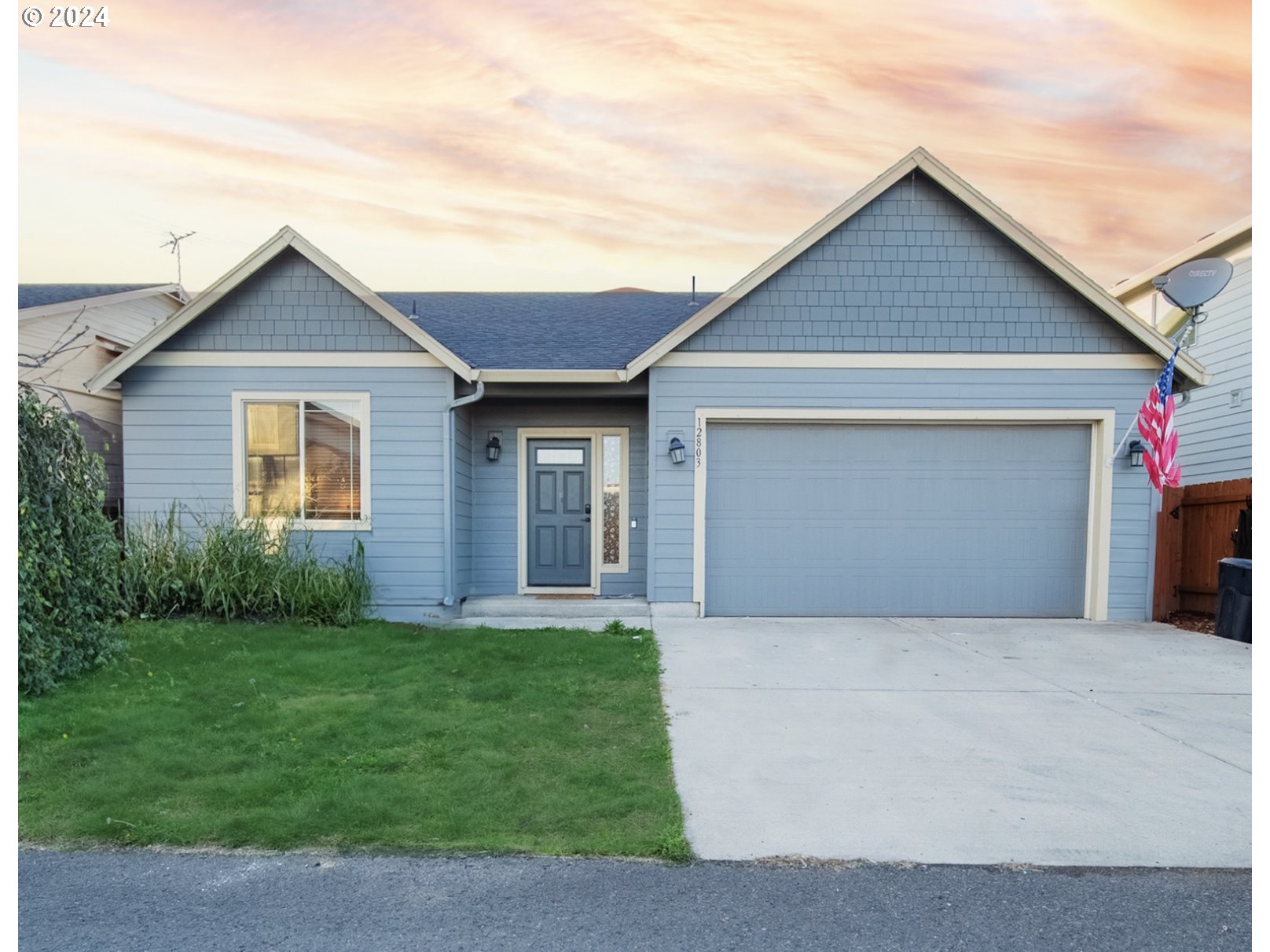 a front view of house with yard and green space