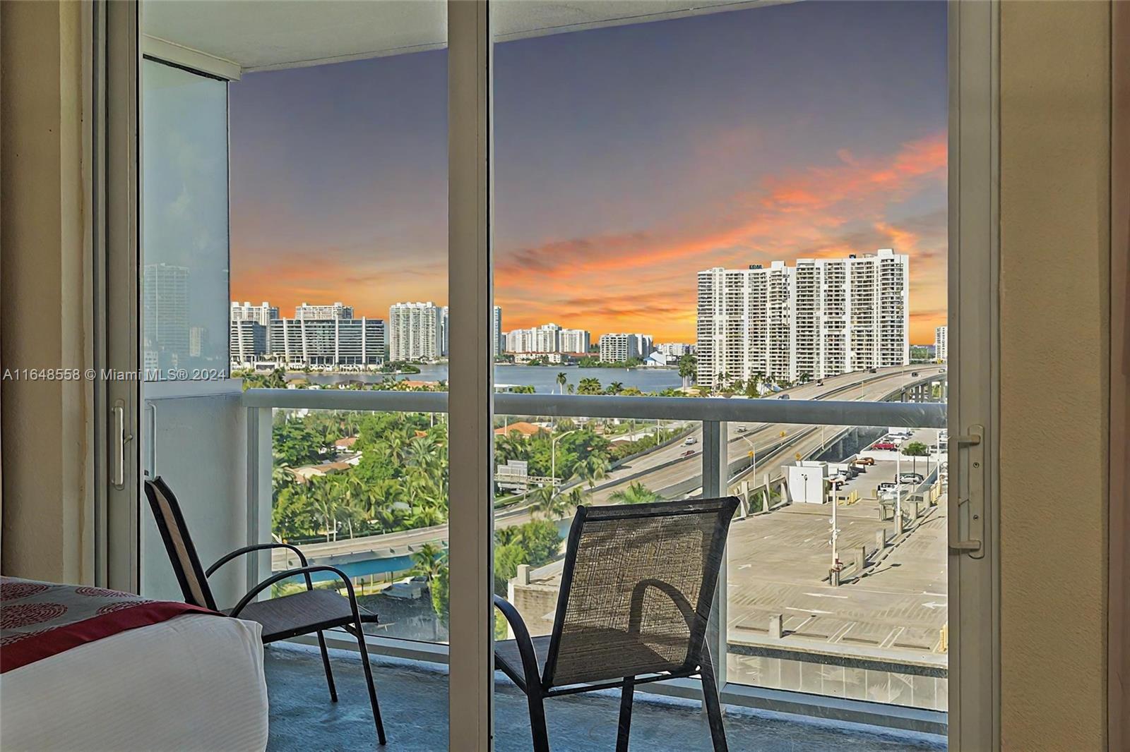 a view of a city from a dining room