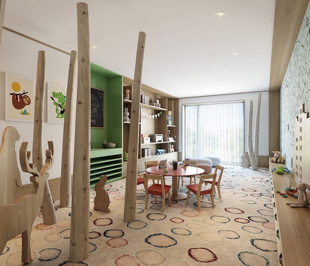 a view of a dining room with furniture window and outside view