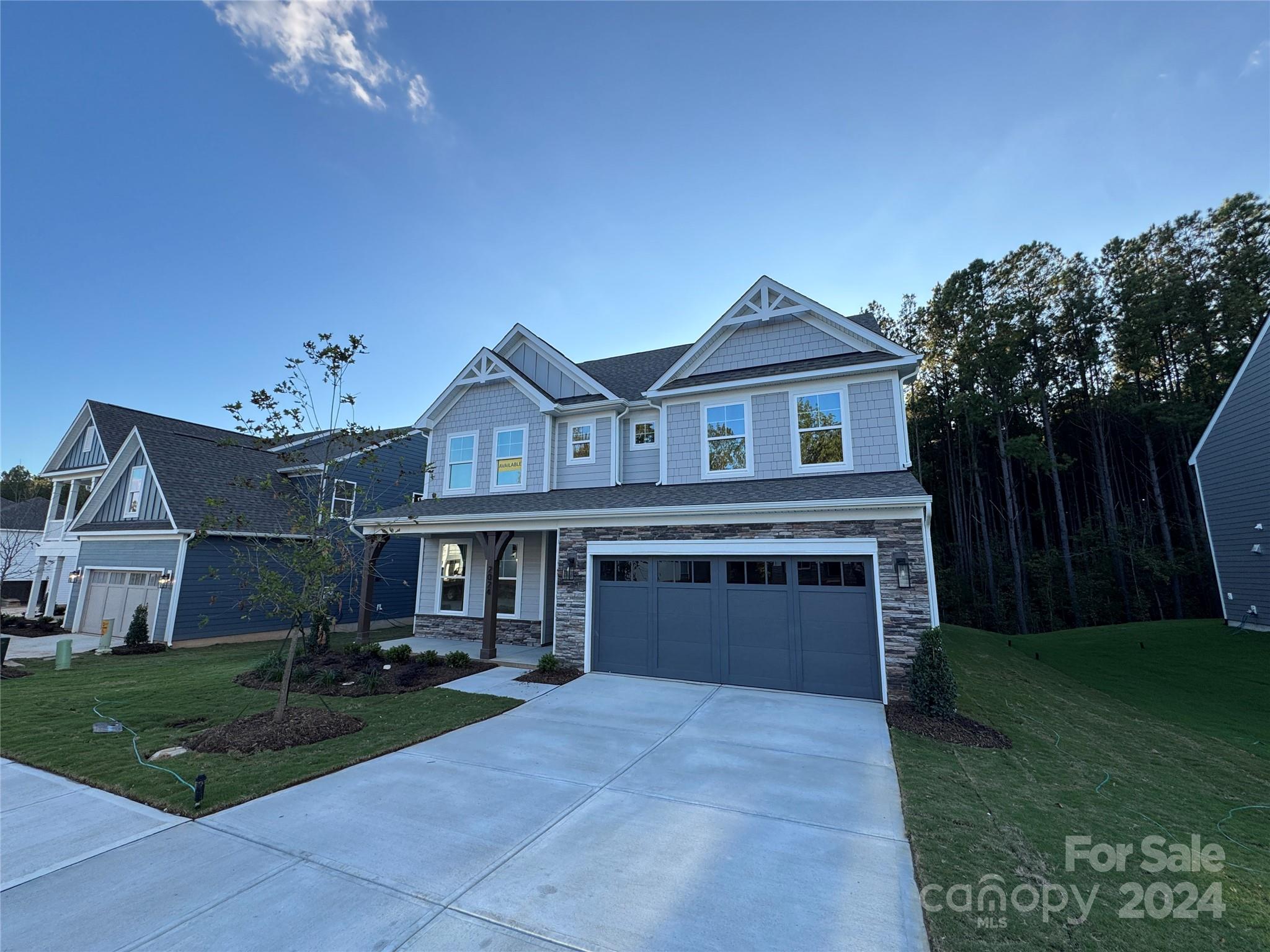 a front view of a house with yard and green space