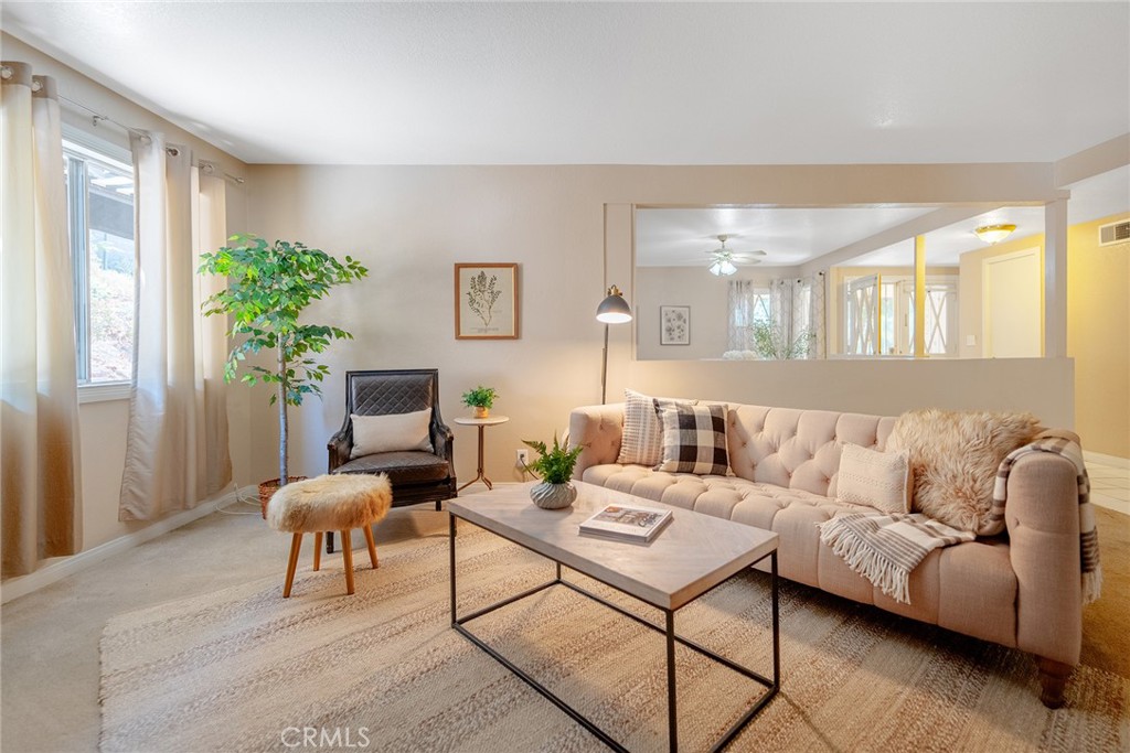 a living room with furniture and a potted plant