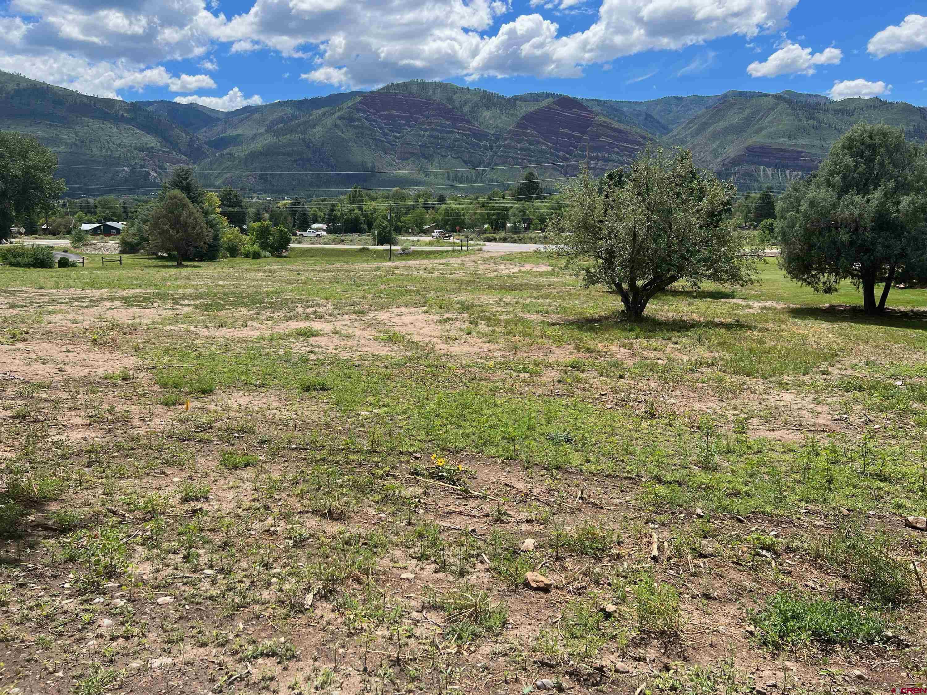 a view of a green field with an trees