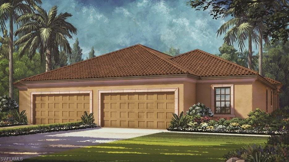 a front view of a house with a yard garage and outdoor seating