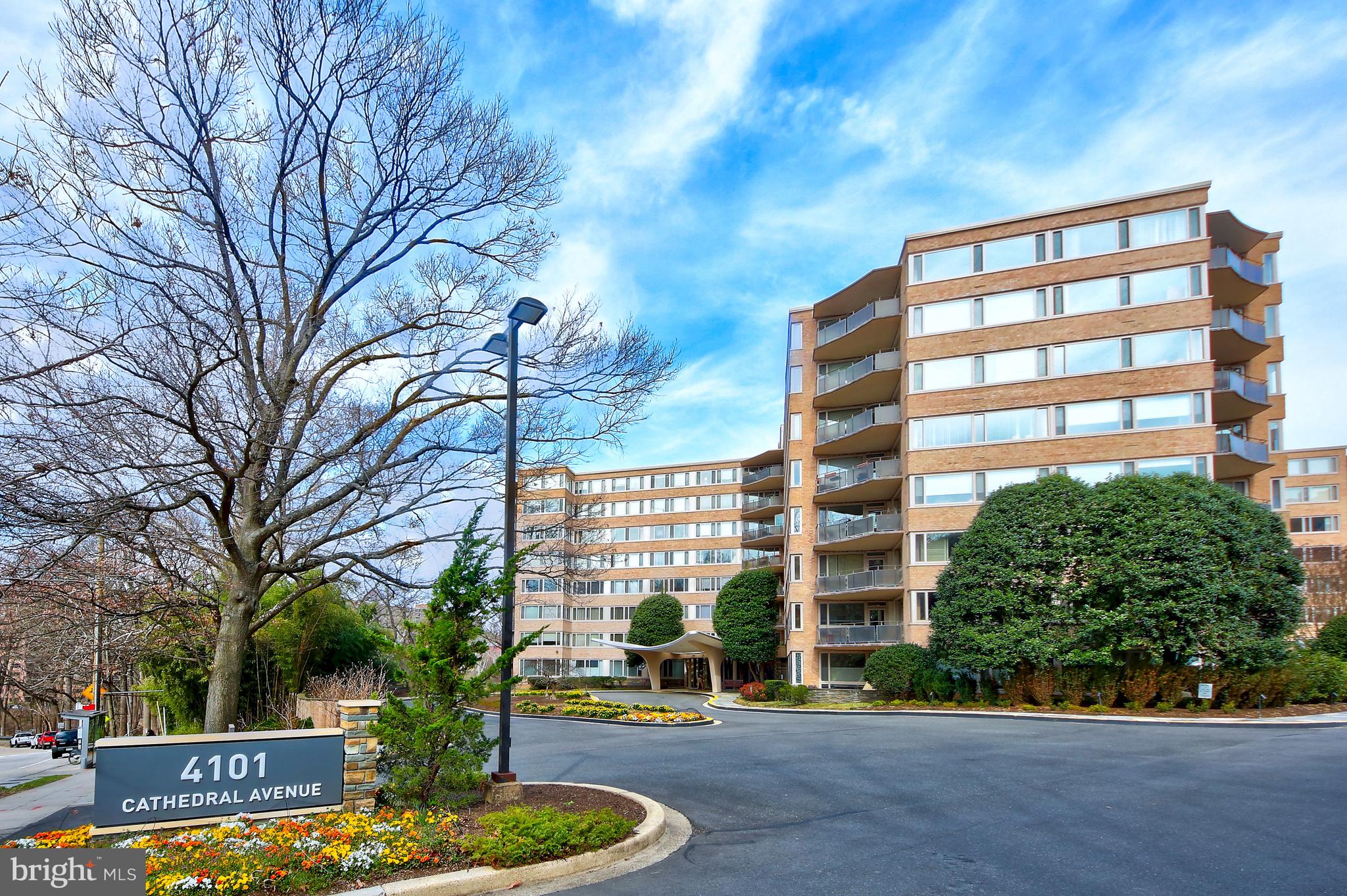 a front view of a building with street view